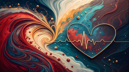 Fiery and Oceanic Heart with ECG Line in Abstract Swirls