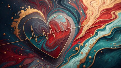 Vivid Abstract Heart with Golden ECG Line in Fiery Swirls