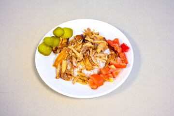 Lavash zurna doner kebab ( zurna  durum )  or shawarma sliced in plate isolated.  hatay usulu tavuk Et doner durum. Gobit ekmek arasi doner. Pilavustu iskender doner kebap. 
