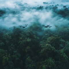 Naklejka premium Aerial View of Drones Flying Over Lush Green Forest and Fog