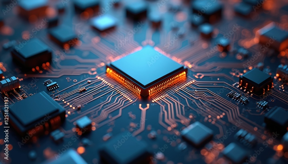 Aufkleber Close-up on computing processor CPU microchip, electronic circuit board with orange illumination. Advanced tech conceptual background. AI-generated image of hardware components. Perfect for science,