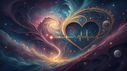 Cosmic Heart with ECG Line in a Dreamy Galaxy Scene