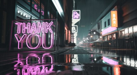 Neon sign saying Thank You in a rainy urban street at night