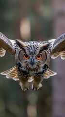 Obraz premium Eurasian Owl Flying Toward Camera with Intense Gaze