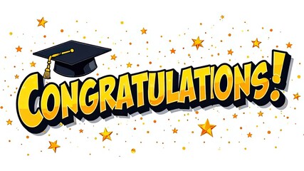 Gold-black text "Congratulations" with graduation hat with tessel and gold confetti isolated on white background. Different color pastel ittustration. Theme of graduation concept