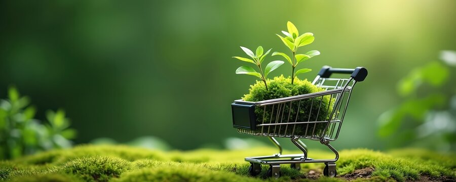 Shopping cart filled plant eco consumerism. Eco friendly purchase, sustainable market promoted. Green product innovation, responsible consumption. New lifecycle starts with shopping at responsible