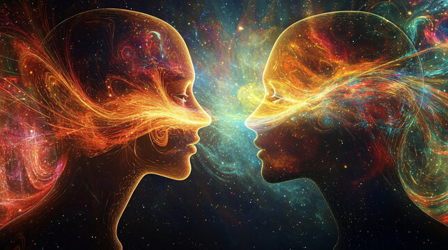 An ethereal visualization illustrates a telepathic connection between two silhouetted heads, with luminous energy threads linking them and colorful thought patterns swirling between them.