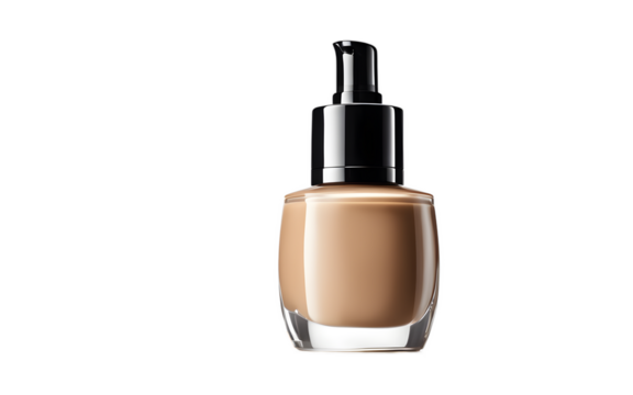 A modern liquid foundation bottle with a pump applicator on a white empty plain background