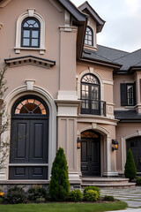 Elegant Home Exterior: Classic Architecture and Modern Design. Luxury Real Estate, Residential Property, Stunning Facade, Landscaping, and Twilight View.