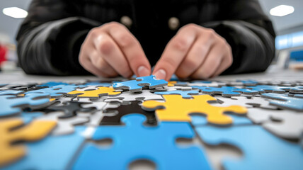 A person is assembling a colorful jigsaw puzzle, focusing on fitting a blue piece into the design on a table.