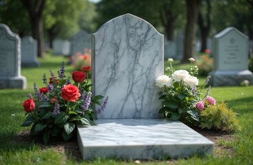 Polished marble headstone with flower arrangements in cemetery. Memorial tombstone decorated with red, pink, white roses, lavender. Peaceful, quiet scene. Outdoors grave surrounded by plants. Place