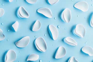 Delicate white petals scattered on a blue surface with drops of water reflecting soft light. Generative AI