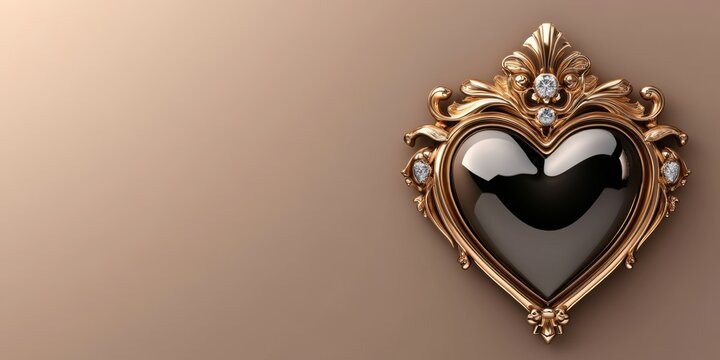 Elegant golden heart-shaped ornament with intricate details and gemstones on a beige background, accompanied by Happy Valentine! text in cursive font, AI - Powered by Adobe
