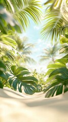Fototapeta premium Tropical plants thrive in bright desert landscape with green foliage and clear skies