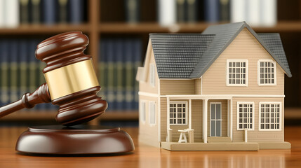 A miniature house model on a table, accompanied by a gavel and a book, in an office setting