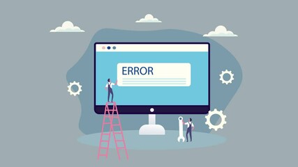 A team of people collaboratively fixing a computer with an error screen, surrounded by floating gears and tools. Problem-solving in the world of technology.