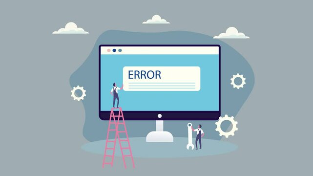 A team of people collaboratively fixing a computer with an error screen, surrounded by floating gears and tools. Problem-solving in the world of technology.