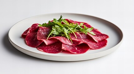 Thinly sliced raw beef carpaccio garnished with fresh arugula on a white plate, against a white background.