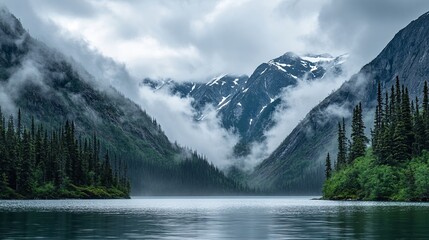 Fototapeta premium Tranquil lake reflection majestic mountains nature photography misty environment serene viewpoint wilderness concept