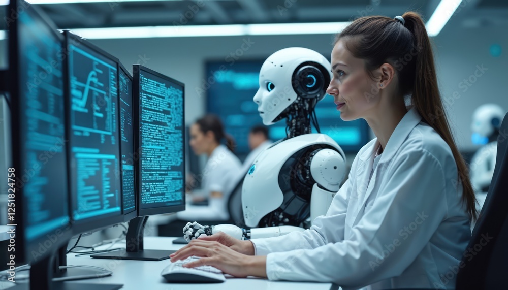 Aufkleber woman works with robot in lab. artificial intelligence assists research. human interacts with cyborg