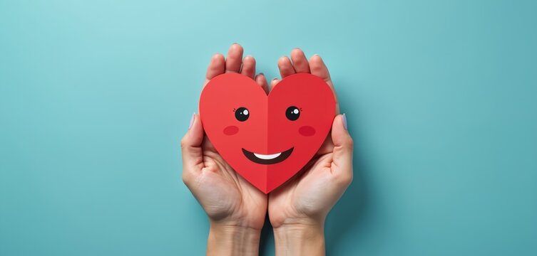 Illustration of woman hands holding red smiling paper heart. Love, donation, healthcare. Charity, CSR responsibility, health insurance concepts. Valentine Day theme, gratitude, family support,
