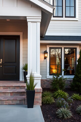 Modern House Exterior: Elegant Home Design with Brick Facade and Landscaping