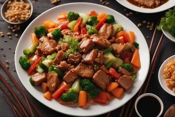 Fototapeta premium Delicious Stir-Fried Pork and Vegetables Plated for a Perfect Meal | Generative AI