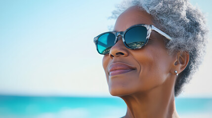 a beautiful senior African American woman wearing sunglasses and smiling at the camera on the beach