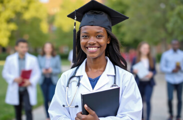 Graduation medical concept. Happy smiling famale doctor on university background. Young afroamerican woman in black graduation hat with tassel and medical robe
