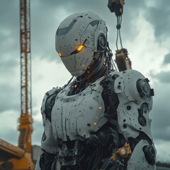 Fototapeta premium Futuristic humanoid robot standing in urban industrial area