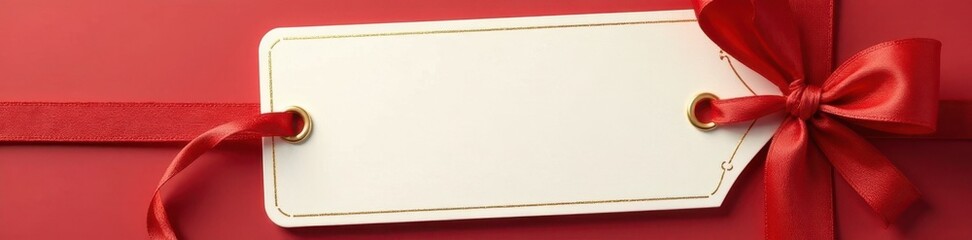 Blank gift tag with a classic red bow and golden border , ribbon, holiday season
