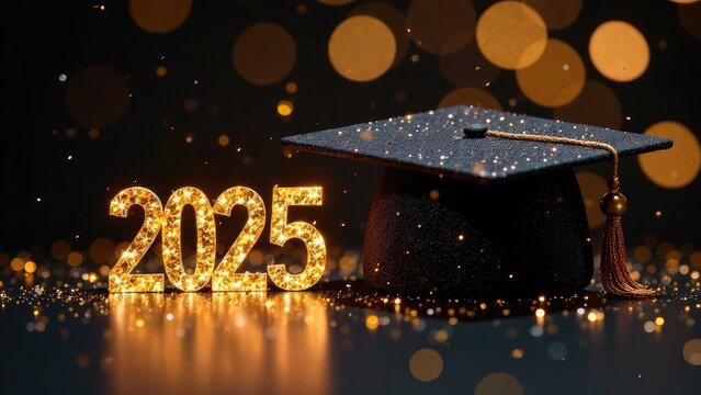 Gold text "2025" with graduation hat with tessel and gold confetti on black background. Theme of graduation concept