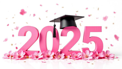 Gold text "2025" with graduation hat with tessel and pink sakura flower background. Theme of graduation concept. Graduation in japanese