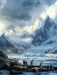  Antarctica, snow-covered mountains and icebergs reflecting in the water