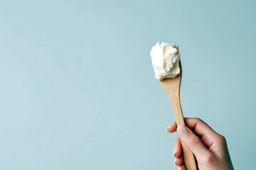 A hand holding a wooden spoon with a scoop of white cream against a pastel blue background, emphasizing natural skincare and eco-friendly concepts