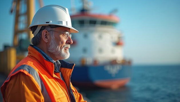 Senior bearded worker in hard hat, safety vest on ship. Experienced mature professional mariner looks away. Shipyard industrial maritime construction expert, shipbuilding seafaring safety employee in