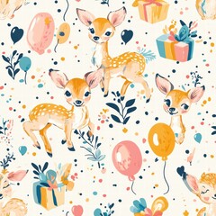 Cute deer pattern with balloons and gifts designed for a festive celebration. Generative AI