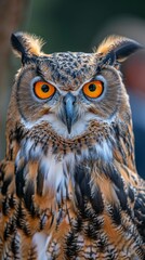 Obraz premium Close-up of an eagle owl perched in captivity, showcasing vivid orange eyes and intricate feather patterns in a confined space.
