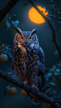 A great horned owl perched on a branch with a glowing full moon in the background, creating a mystical and nocturnal atmosphere.