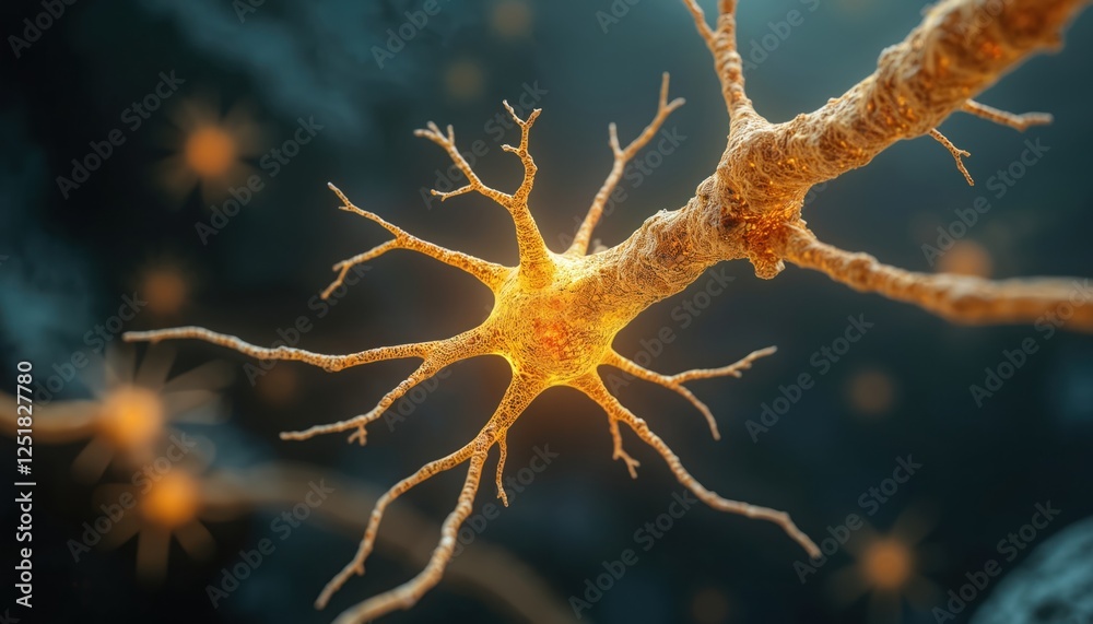 Poster neuron cell sends electrical signals in brain for neural activities. close-up of nerve cells, networ