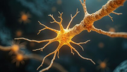 Neuron cell sends electrical signals in brain for neural activities. Close-up of nerve cells, network, anatomy, biological system, science, glowing neurology. Futuristic pathways for human mind,