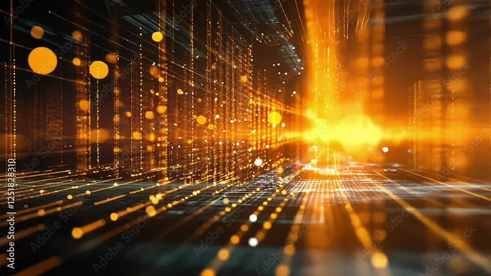 Wall mural creating an abstract digital cyberspace tunnel filled with flowing and glowing golden particles, evo