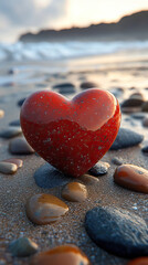 Obraz premium Heart-shaped stone on beach reflects serenity and romance in nature