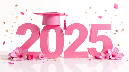 Gold text "2025" with graduation hat with tessel and pink sakura flower background. Theme of graduation concept. Graduation in japanese