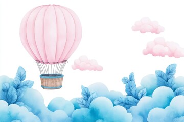 Fototapeta premium Whimsical watercolor hot air balloon floating among soft clouds and leaves