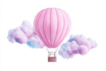 Obraz premium Whimsical watercolor hot air balloon surrounded by fluffy clouds, evoking dreamy atmosphere
