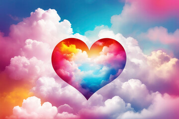 A large red heart, hovers above pastel clouds. Happy Valentine's Day banner. Holiday background design with big heart in the air.  Large colored heart in white clouds.