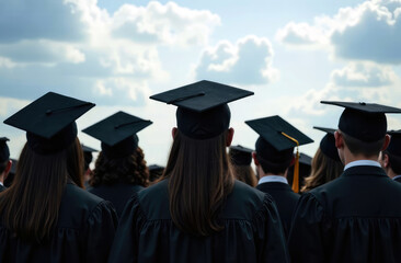 The concept of graduates. A group of students in graduation caps and robes against the sky