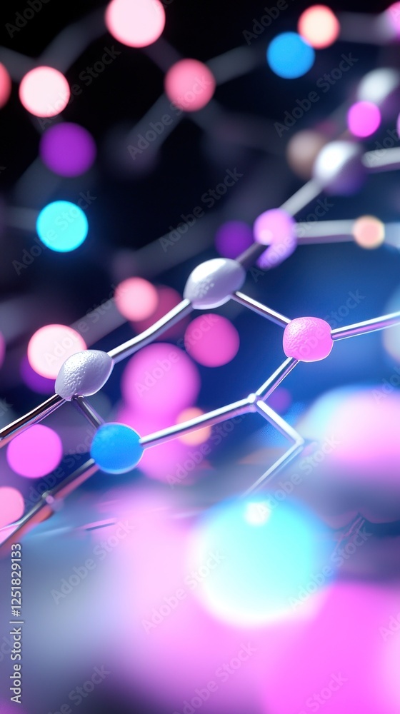 Poster abstract 3d rendering of a molecular structure with colorful bokeh lights in the background.