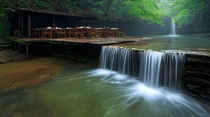 Wooden Restaurant Overlooking Serene Waterfall And Lush Forest